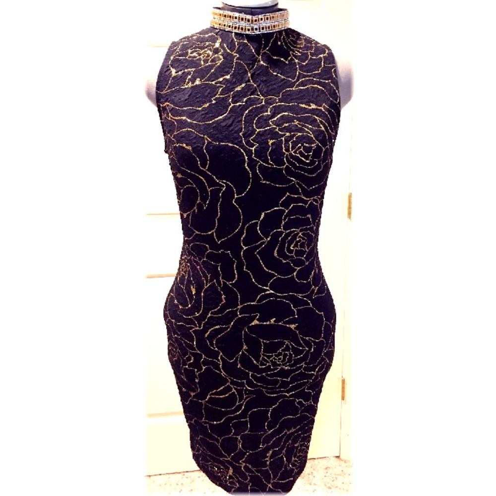 Sexy Black Gold Sparkle Jeweled-Neck Mini Dress
